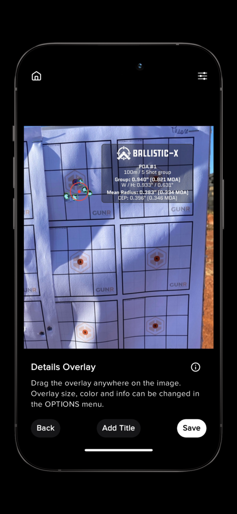 Ballistic X app screen displaying a technical data overlay with shot group measurements on a target photo.
