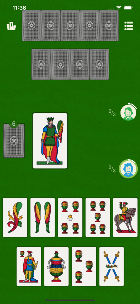 Screenshot del gameplay di Tressette che mostra carte tradizionali italiane su uno sfondo verde