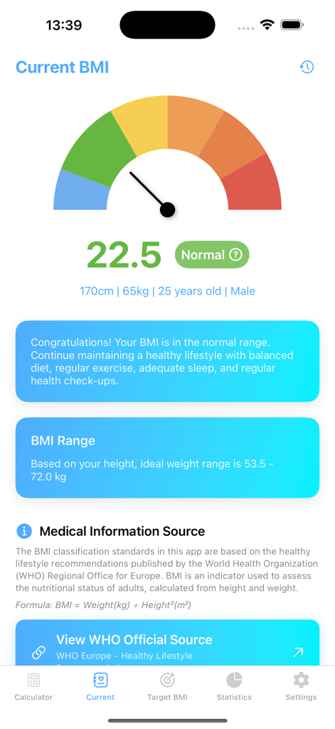 BMI Mate Plus app dashboard showing current BMI score of 22.5 and health status range gauge