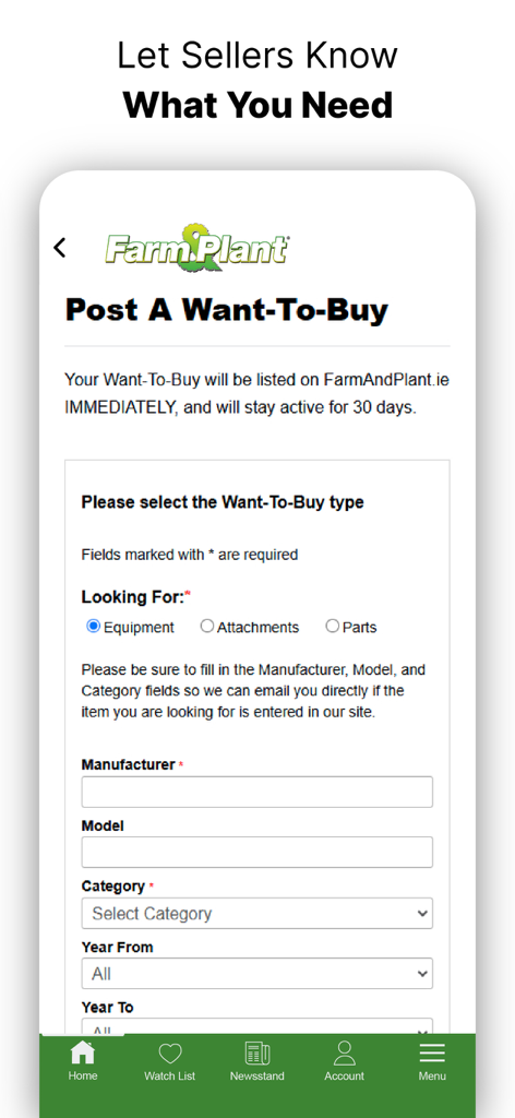 Farm And Plant - Una pantalla móvil que muestra el formulario Publicar un 'Quiero Comprar' en la aplicación Farm and Plant.