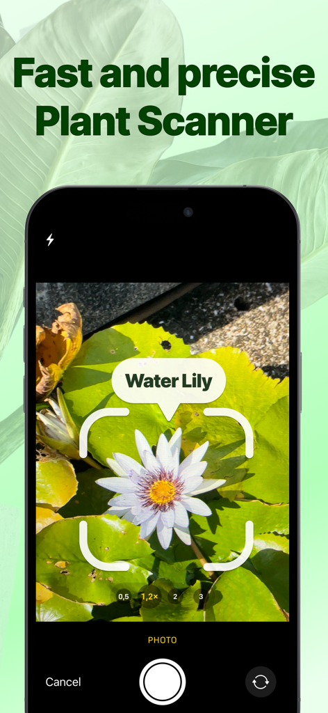 Smartphone screen showing the Plant Identifier app identifying a water lily flower with its precise AI scanner
