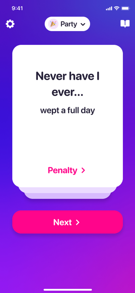 Sex Games: Dating, Chat, Quiz - Oberfläche der mobilen App 'Nie zuvor in meinem Leben', die eine Partykarte mit der Frage "Ich habe mich einen ganzen Tag lang geweint" zeigt.
