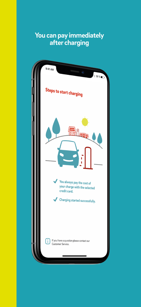 drivE.ON - Hungary - A mobile app screen for drivE.ON showing EV charging instructions and immediate payment confirmation