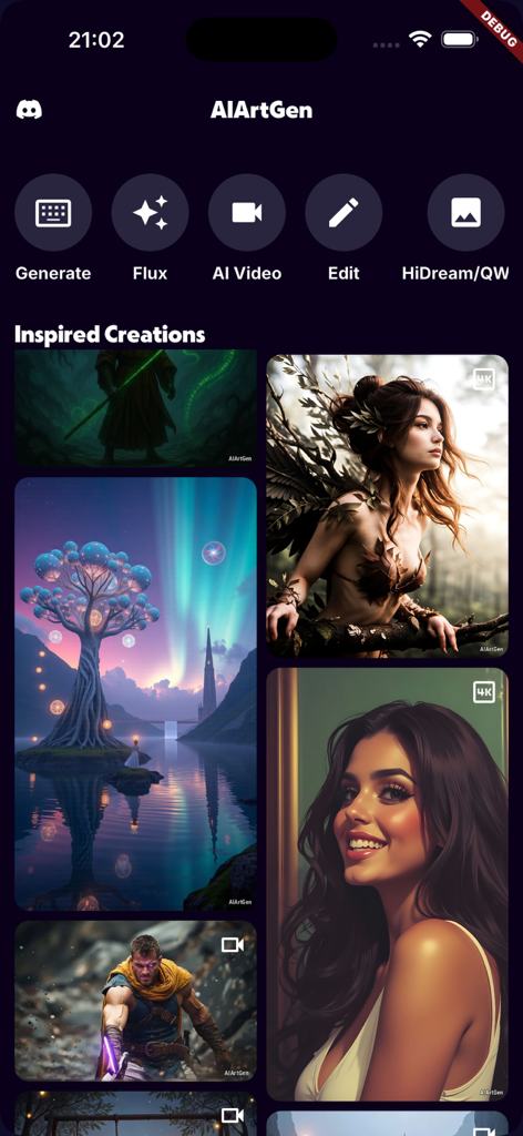 AIArtGen mobile app home screen with AI generation tools and creative art gallery