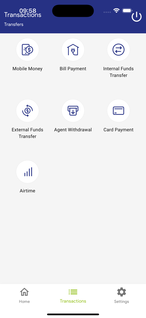 Menú de transacciones de K-Unity Unicash con opciones para dinero móvil y pago de facturas
