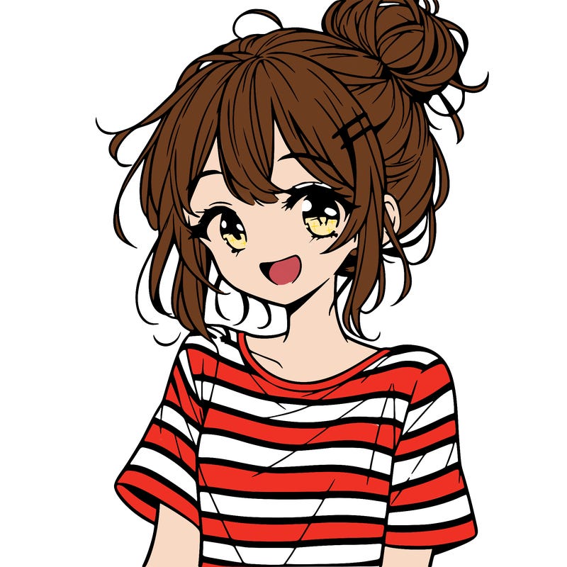 anime girl teenager striped shirt and smile and messy bun
