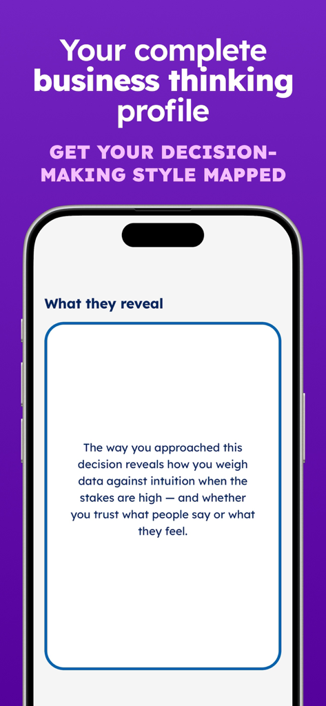 Empirio: Learn Business - A mobile screen showing the Empirio app mapping a users business thinking and decision making style