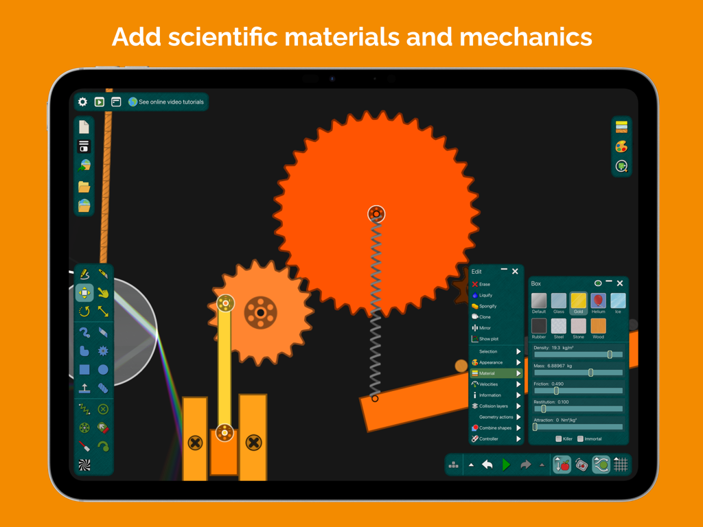Algodoo - Algodoo app interface on iPad showing a 2D physics simulation with gears, springs, and a material property editing menu.