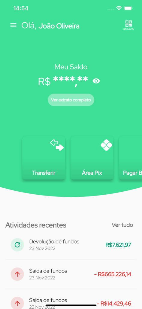 Parcele Já - Conta digital - Painel do aplicativo Parcele Ja mostrando saldo bancário e histórico de transações