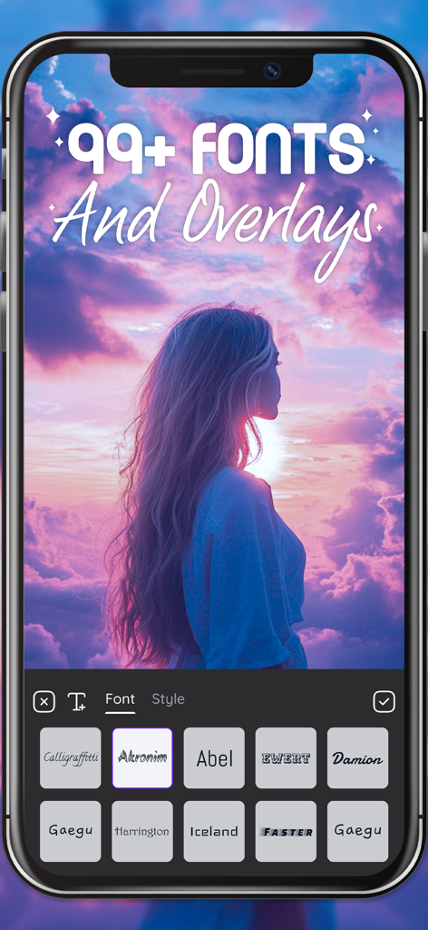 美的夕日の画像の上にフォントの選択肢が表示されている「写真に文字を追加」アプリの電話スクリーンショット。