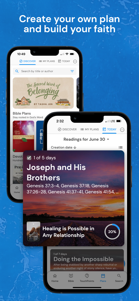 Two iPhones displaying Bible study plans and progress tracking features.