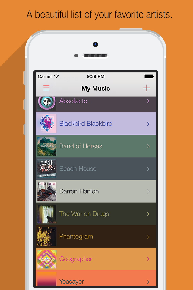 My Music - Your list of favorite artists, and bands. - Una lista de artistas musicales favoritos mostrada en la aplicación Mi Música en una pantalla de iPhone con temas de colores dinámicos