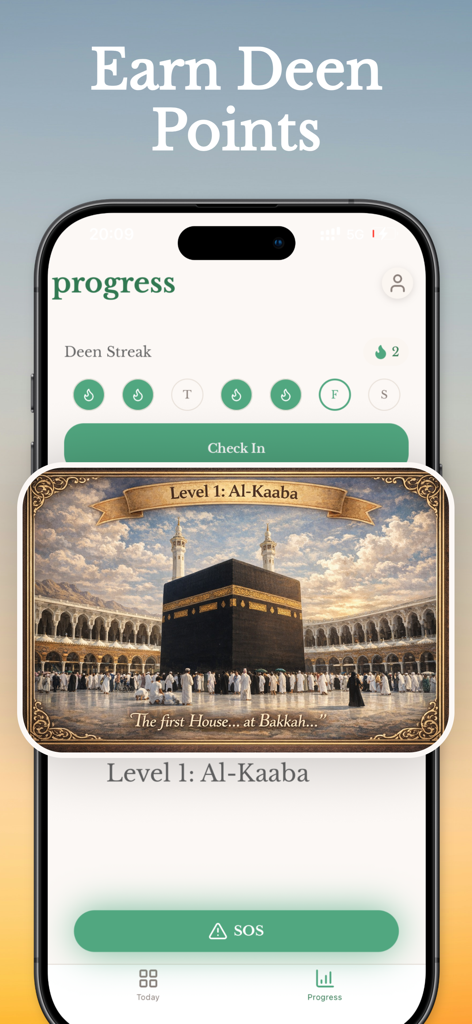 Interfaz de la aplicación Deenback que muestra el progreso espiritual con rachas de hábitos y la tarjeta Nivel 1 Al Kaaba.