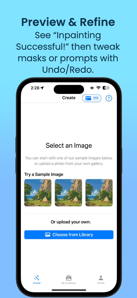 AI Photo Editor: Inpaintly - Interfaz de la aplicación Inpaintly mostrando la pantalla para seleccionar una imagen de ejemplo o cargar una foto de la biblioteca para comenzar la edición con IA.