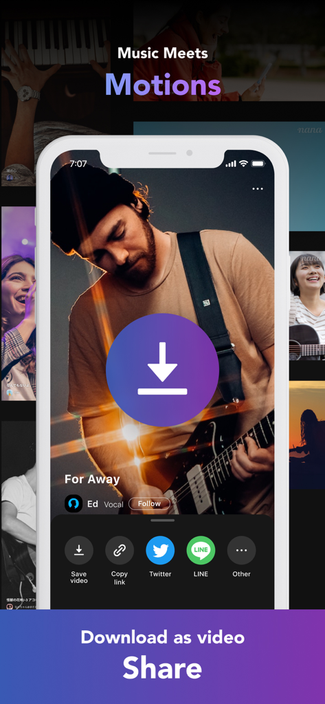 nana - co-creation platform - - Une interface mobile pour l'application nana montrant les options pour télécharger une vidéo musicale et la partager sur des plateformes de médias sociaux comme Twitter et LINE