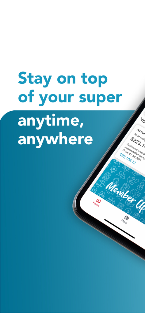 Brighter Super - Brighter Super app interface on a smartphone with the headline Stay on top of your super anytime anywhere