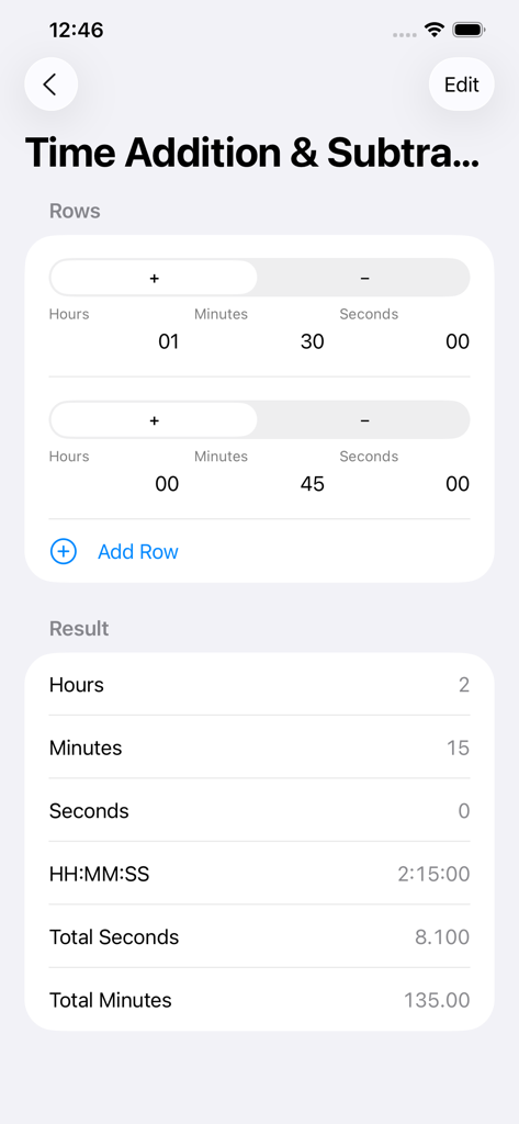 Screenshot of the flight computer app showing the time addition and subtraction tool with hours, minutes, and seconds calculation.