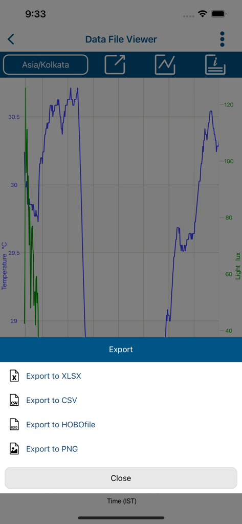 HOBOconnect App-Oberfläche mit einem Temperatur- und Lichtdaten-Diagramm und einem geöffneten Exportmenü für XLSX- und CSV-Dateien