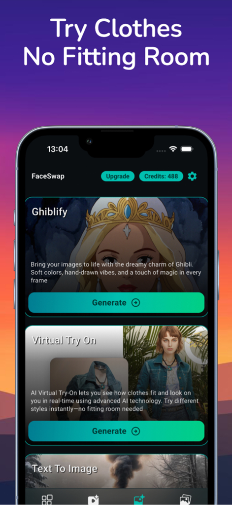 AI Face Swap Video Photo Maker - Smartphone screen displaying the AI Face Swap app interface with Virtual Try On and Ghiblify anime style generator features
