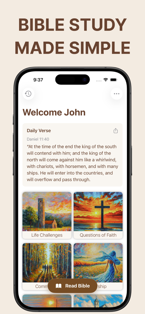 Interfaz de la aplicación Heather Bible Chat mostrando un versículo diario y categorías para el estudio espiritual