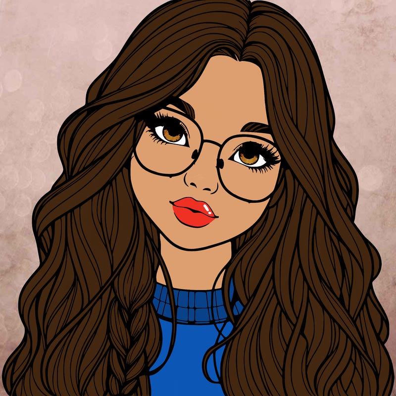 girl with long hair and freckles and glasses realistic