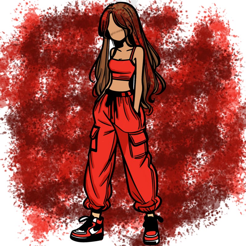 girl in baggy pants crop top and long hair