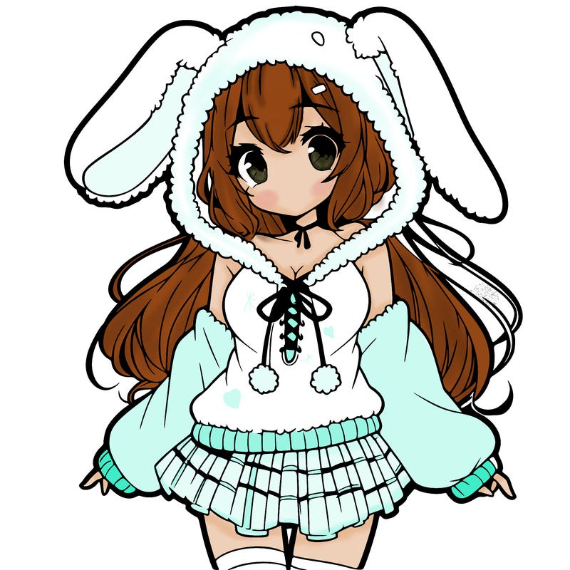 pretty anime girl wearing a fluffy hoodie with bunny ears on the hood and a skirt