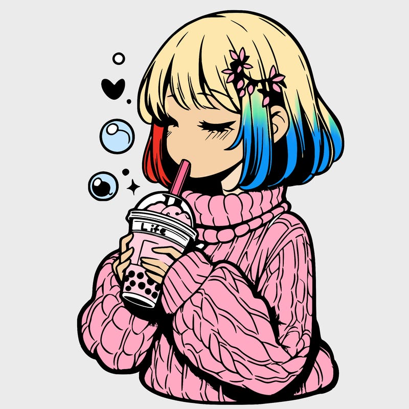 manga girl drinking boba in cozy sweater