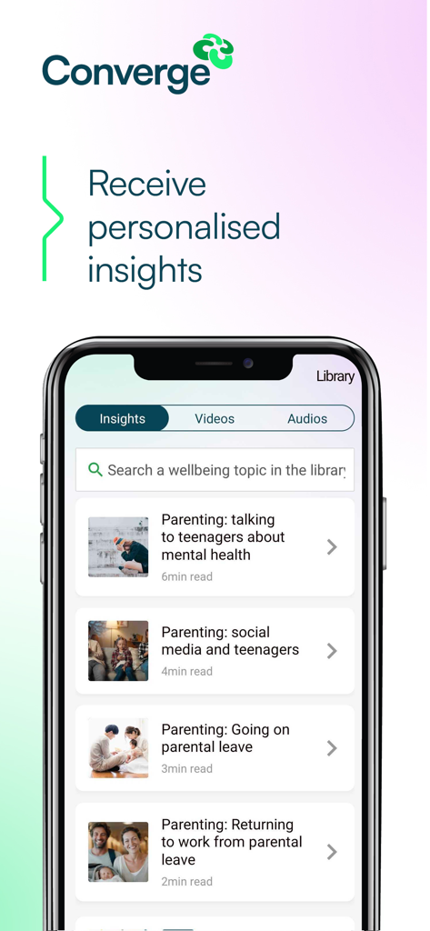 Pantalla de la aplicación Converge que muestra la biblioteca de información personalizada sobre el bienestar y artículos sobre crianza