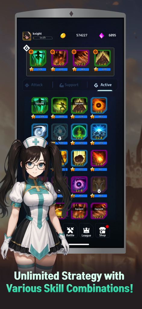 Arcane Knight : Idle RPG - Menú de habilidades de Arcane Knight Idle RPG mostrando varias combinaciones de habilidades de combate y un personaje de anime