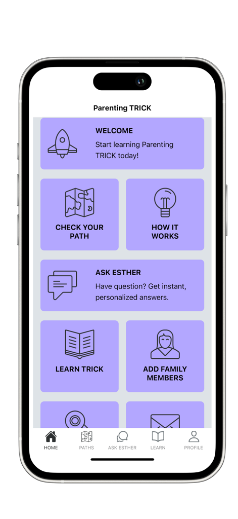 Parenting TRICK - Home screen of the Parenting TRICK app showing buttons for learning the TRICK method and asking for expert advice