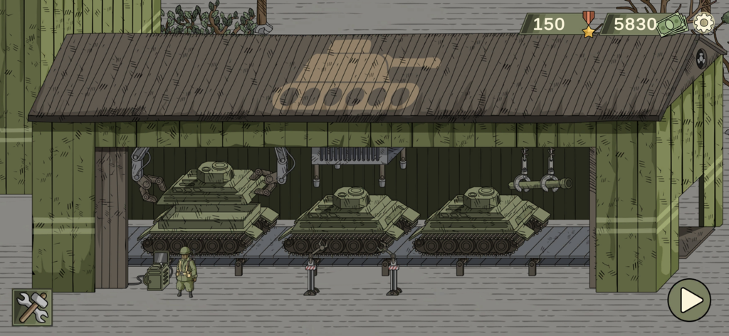 Gameplay screen from Black Border 2 showing military tanks on an assembly line inside a hangar