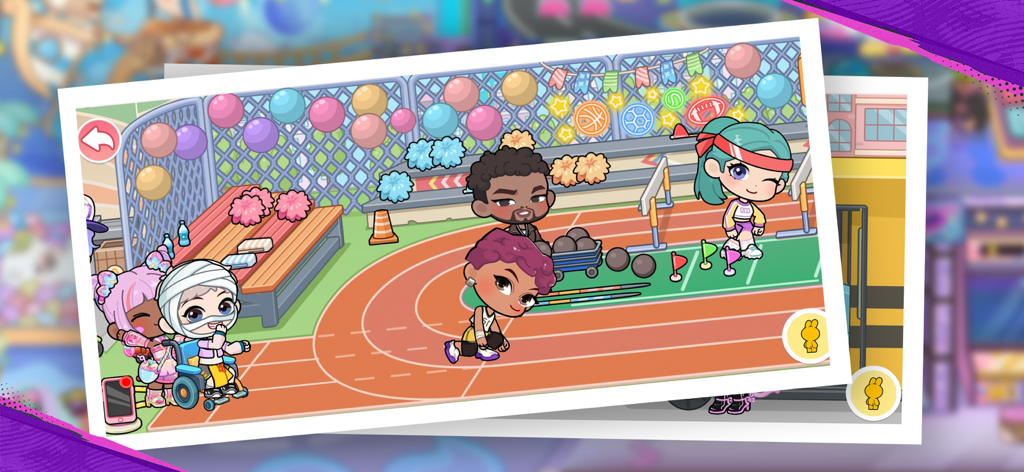 Personaggi dei cartoni animati che praticano sport in uno stadio di atletica leggera in Tut World Candy School.