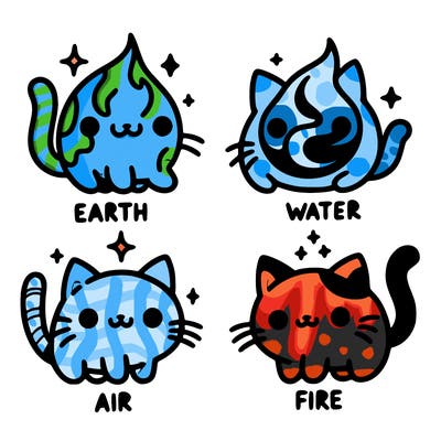 4 cats that represent the different elements, earth, water, air, and fire
