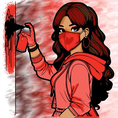 realistic girl with mask spray painting a wall
