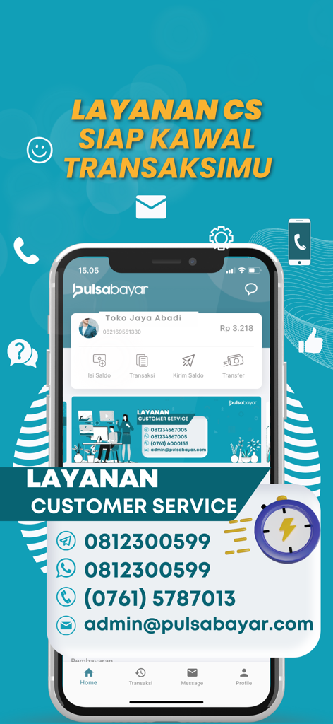 Pantalla de la aplicación Pulsabayar que muestra información de contacto del servicio al cliente, incluyendo WhatsApp y Telegram