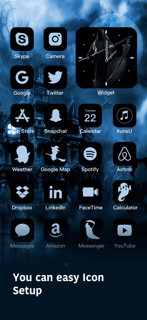 Spark - Color Widgets - iPhone home screen with dark gothic theme custom app icons and Grim Reaper clock widget