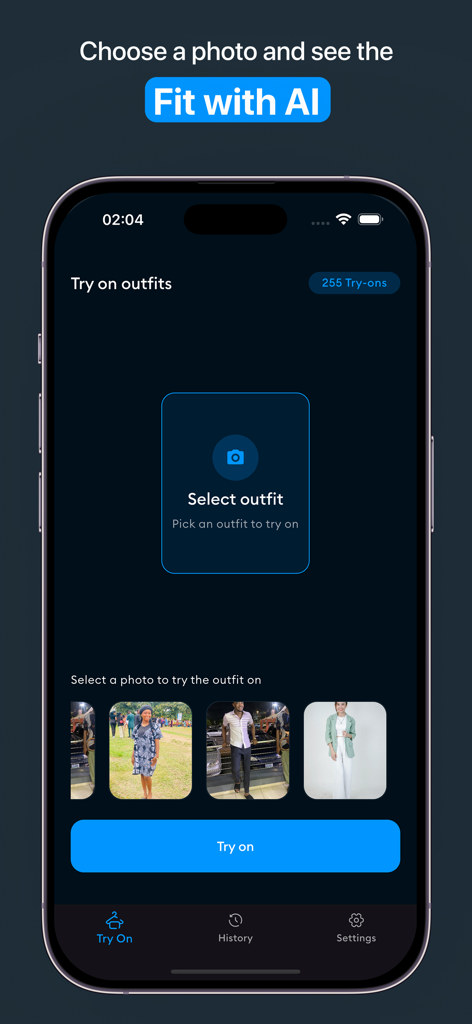 Mobile app interface of Outfit Maker showing the AI virtual try on feature with options to select an outfit and a personal photo