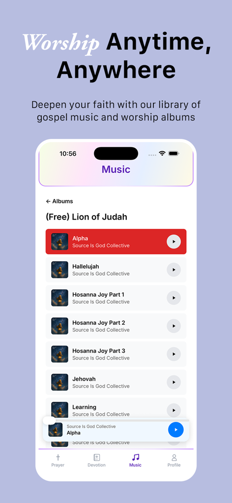 Altar: Prayer & Devotional - Interface of the Altar app showing the worship music library with gospel song lists
