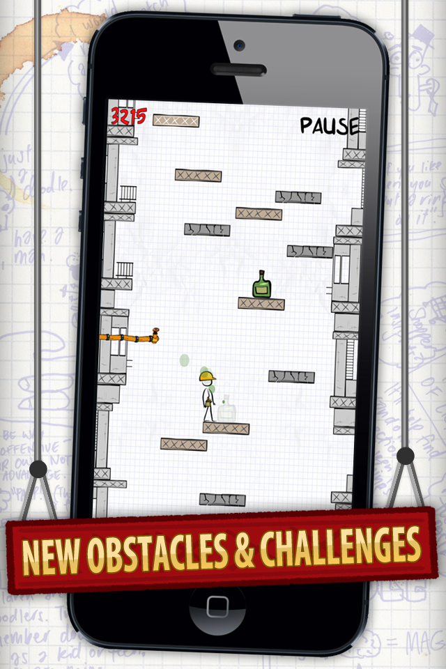 Free Stickly Jump Game - Gameplay screenshot of Stickly Jump showing a stickman character jumping between platforms and avoiding obstacles on a grid paper background