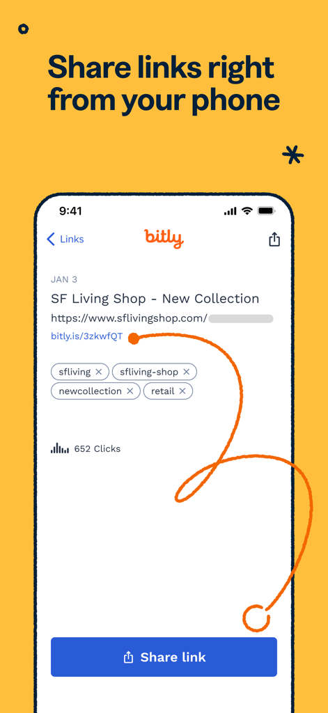 Uma captura de tela do aplicativo Bitly em um iPhone mostrando a interface para compartilhar um link encurtado de uma loja online com dados de rastreamento de cliques.