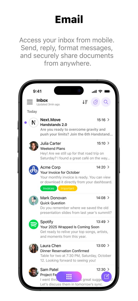 IceWarp mobile App E-Mail-Posteingang mit einer Liste professioneller Nachrichten auf einem iPhone