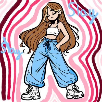 girl in baggy pants crop top and long hair