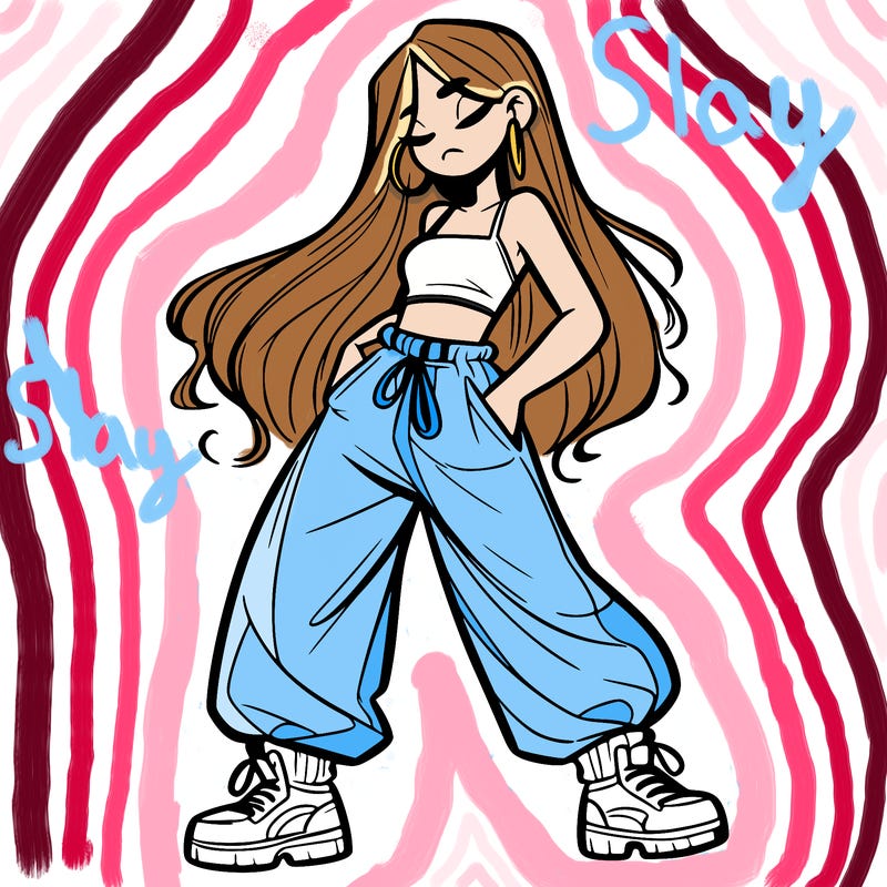 girl in baggy pants crop top and long hair