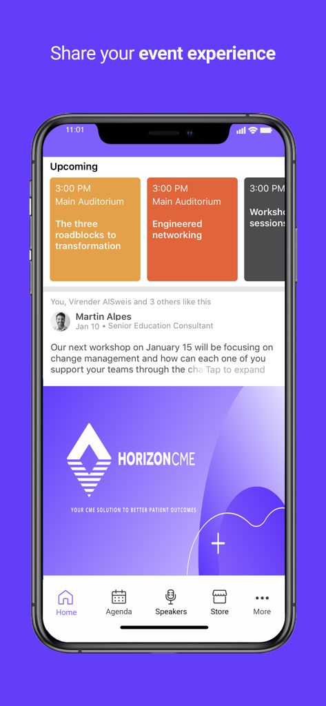 Tela inicial do aplicativo Horizon CME com sessões de conferência futuras e um feed de interação social para profissionais médicos.