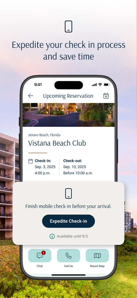 Vistana app screen showing mobile check-in for a resort reservation