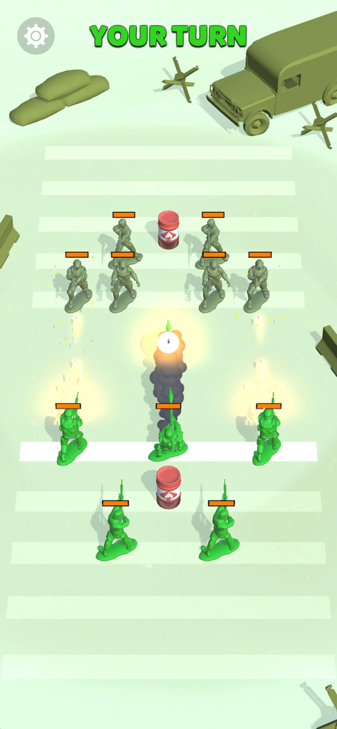 Toy Soldiers 3D - Green plastic toy soldiers engaging in a 3D strategic battle with rockets and explosive barrels