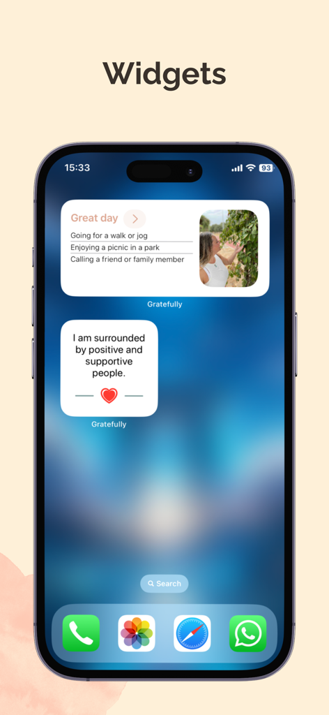 Gratitude Journal & Self Care - iPhone home screen displaying Gratefully app widgets with positive affirmations and daily gratitude reflections