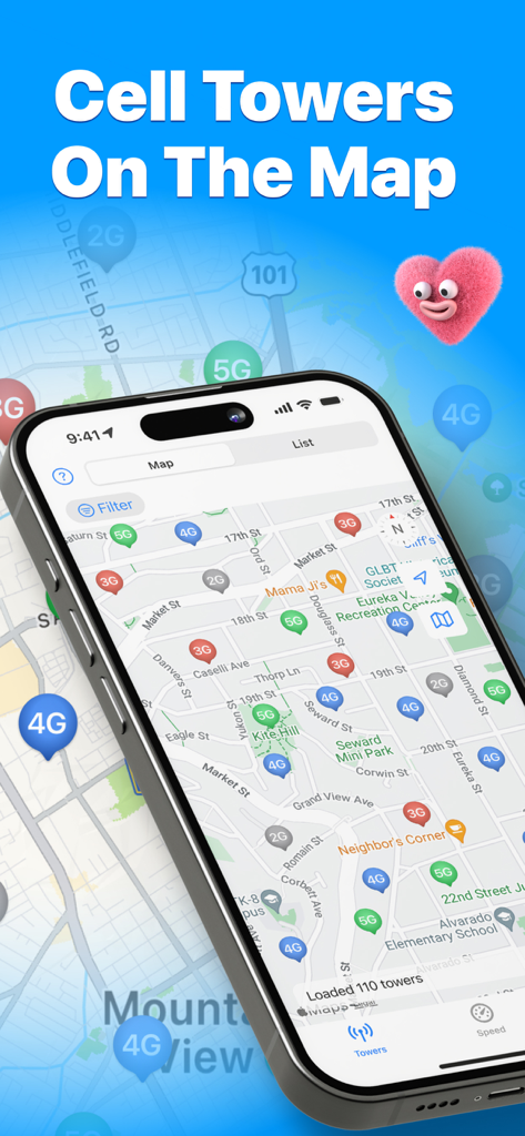Teléfono inteligente mostrando un mapa de torres celulares 5G y 4G cercanas con marcadores de red