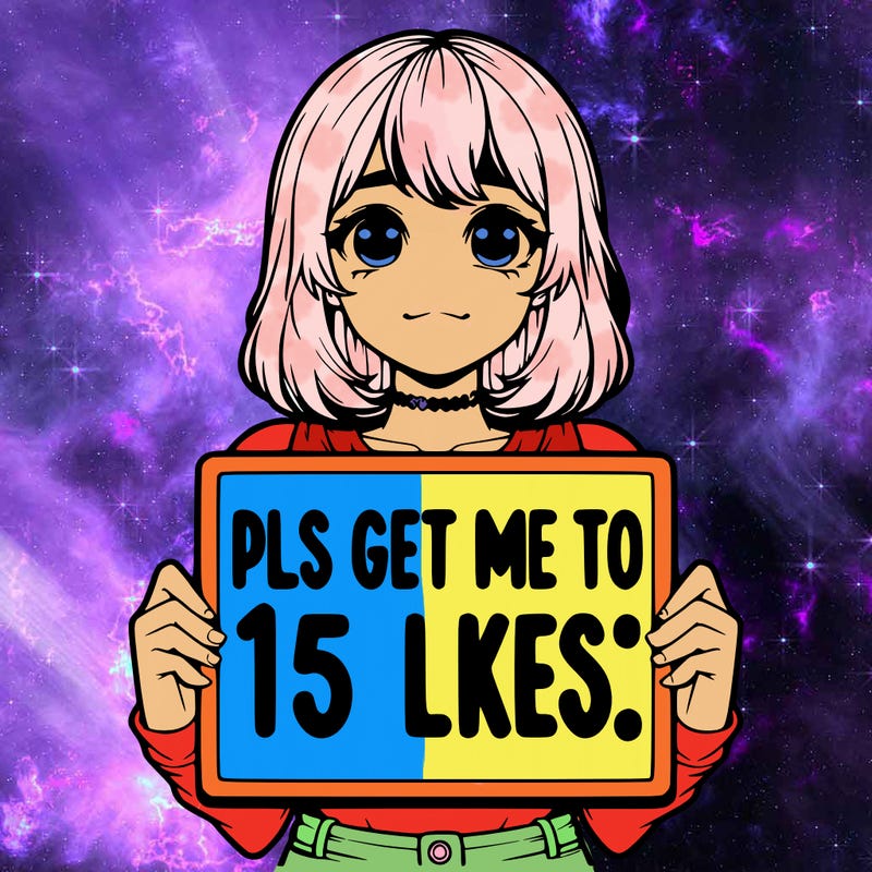 realistic girl holding up a sign that says “pls get me to 15 likes!”